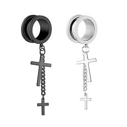 KnSam 10mm Stecker Bahre Gauges Expander 2pcs Set, Silber Schwarz Ohrringe Rund mit Kette Kreuz Anhänger Expander Messgeräte Stretchers Ohrringe, Edelstahl Tunnel Piercing-Schmuck von KnSam