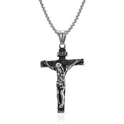 KnSam Edelstahl Y Kette Herren mit Anhänger Kreuz Jesus Religion, Ketten Retro Herren Halskette Panzerkette für Männer, Silber, 60cm von KnSam