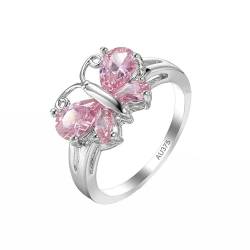 KnSam Verlobungsring Weiß Gold 9K, Schmetterling Ring Eheringe mit rosa Kristall Rosa, Solitärring Au375 Gold Echt Goldschmuck, Gr.69 (22.0) von KnSam