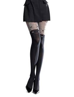 Knittex Blickdichte Damen Strumpfhose Overknee Look mit Muster Pantyhose Stockings aus Microfaser 3D 50 DEN Schwarz-Grau-Melange von Knittex