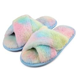 Knixmax Outdoor Hausschuhe Damen Winter Warme Bequeme Plüsch Pantoffeln Weiche Rutschfeste Flache kuschelige Hausschuhe Slipper aus Kaninchenfellimitat Regenbogen EU38/39 von Knixmax Outdoor