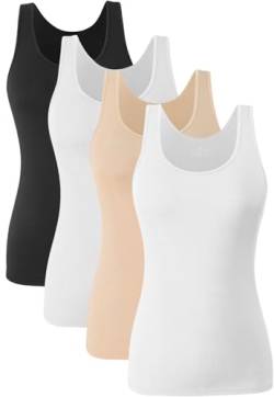 Knuffnee Damen Stretch Unterhemd Basic Tank Tops Workout Unterhemden Tops 4er Pack Schwarz/Weiß/Beige/Weiß L von Knuffnee