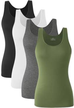 Knuffnee Damen Stretch Unterhemd Basic Tank Tops Workout Unterhemden Tops 4er Pack Schwarz/Weiß/Dunkelgrau/Armeegrün S von Knuffnee