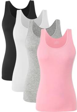 Knuffnee Damen Stretch Unterhemd Basic Tank Tops Workout Unterhemden Tops 4er Pack Schwarz/Weiß/Grau/Rosa M von Knuffnee