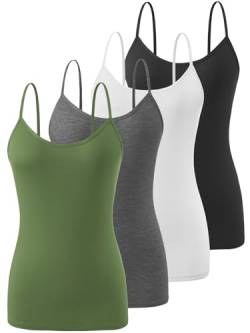 Knuffnee Damen Unterhemden Verstellbare Spaghetti Tops Basic Cami Tank Top 4er Pack Schwarz/Weiß/Dunkelgrau/Armeegrün S von Knuffnee