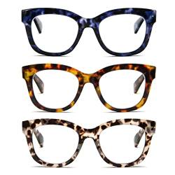 KoKoBin 3er Pack Retro Oversized Lesebrille für Damen und Herren Anti-Licht Blau Komfort mit Feder Reißverschluss Brille (3er-Pack) von KoKoBin