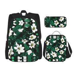 Ananas-Fahrrad-Rucksack, Schultasche, Tagesrucksack mit Lunchbox und Federmäppchen, 3-in-1-Schultaschen-Set, Hunter Green Floral Blütenblätter Muster, EinheitsgröÃŸe von KoNsev