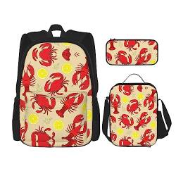 Bibliothek Bücherregal Rucksack Schultasche Daypack Mit Lunchbox Und Federmäppchen 3 In 1 Schultaschen Set, Hummer und Krabbe, EinheitsgröÃŸe von KoNsev