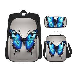 Bunte Schmetterling Muster Rucksack Schultasche Daypack Mit Lunchbox Und Federmäppchen 3 In 1 Schultaschen Set, Blauer Schmetterling, EinheitsgröÃŸe von KoNsev