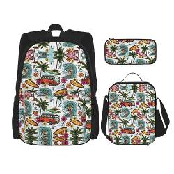 Handdruck Rucksack Schultasche Daypack Mit Lunchbox Und Federmäppchen 3 In 1 Schultaschen Set, Hawaiianischer Surfer auf Wellig, EinheitsgröÃŸe von KoNsev