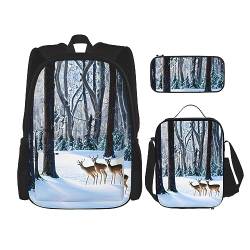 KoNsev 3-teiliges Rucksack-Set, Motiv: Hirsche, bedruckt, mit Lunch-Tasche, Federmäppchen von KoNsev