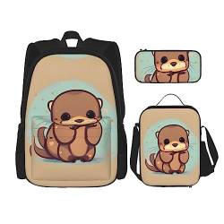 KoNsev 3-teiliges Rucksack-Set, niedliches Otter-bedrucktes Rucksack-Set mit Lunch-Tasche, Federmäppchen von KoNsev