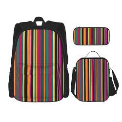 KoNsev 3-teiliges Set Rucksack, wasserdicht, Laptop, isolierte Lunchtasche und Federmäppchen, Reisen, Wandern, Regenbogenfarben gestreifter Druck von KoNsev