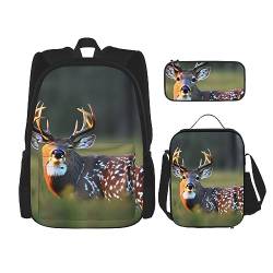 KoNsev 3-teiliges Set Rucksack, wasserdicht, Laptop, isolierte Lunchtasche und Federmäppchen, Reisen, Wandern, niedlicher Hirschdruck von KoNsev