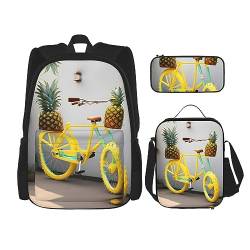 KoNsev Ananas Fahrrad Rucksack Schultasche Daypack mit Lunchbox und Federmäppchen 3 in 1 Schultaschen Set, Ananas-Fahrrad, Einheitsgröße von KoNsev