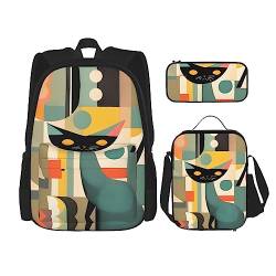 KoNsev Bedruckter Rucksack, 3-teiliges Set, Reisen, Wandern, leicht, Laptop, Federmäppchen, isolierte Lunchtasche für Frauen, moderne Kunstkatzen aus der Mitte des Jahrhunderts, Mid-Century Modern Art von KoNsev