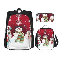 KoNsev Bedruckter Rucksack, 3-teiliges Set, Reisen, Wandern, leicht, Laptop-Federmäppchen, isolierte Lunchtasche für Damen, mexikanische Otomi-Tiere, Niedlicher Schneemann, Einheitsgröße von KoNsev