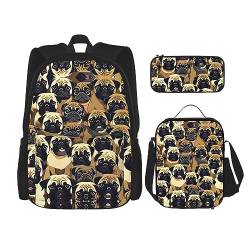 KoNsev Bedruckter Rucksack, 3-teiliges Set, Reisen, Wandern, leicht, Laptop-Federmäppchen, isolierte Lunchtasche für Damen, viele violette Blumen, Viele Mops-Hunde, Einheitsgröße von KoNsev