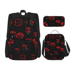 KoNsev Bedruckter Rucksack, 3-teiliges Set, Reisen, Wandern, leicht, Laptop-Federmäppchen, isolierte Lunchtasche für Damen, viele violette Blumen, Viele rote Rosen und schwarzer Hintergrund, von KoNsev