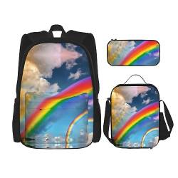 KoNsev Bedruckter Rucksack, 3-teiliges Set, Reisen, Wandern, leicht, Laptop-Federmäppchen, isolierte Lunchtasche für Damen, weißer Strand, tropisches Meer, Lebendiger Regenbogen, Einheitsgröße von KoNsev