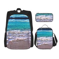 KoNsev Bedruckter Rucksack, 3-teiliges Set, Reisen, Wandern, leicht, Laptop-Federmäppchen, isolierte Lunchtasche für Damen, weißer Strand, tropisches Meer, White Beach Tropical Sea, Einheitsgröße von KoNsev