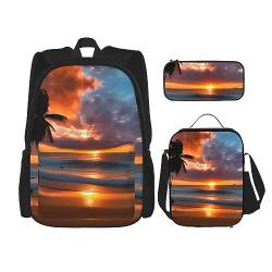 KoNsev Bedruckter Rucksack, 3-teiliges Set, für Reisen, Wandern, leicht, Laptop, Federmäppchen, isolierte Lunchtasche für Damen, Blaugrün, Sonnenuntergang Strand, Einheitsgröße von KoNsev