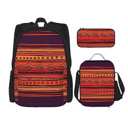 KoNsev Bedruckter Rucksack, 3-teiliges Set, für Reisen, Wandern, leicht, Laptop, Federmäppchen, isolierte Lunchtasche für Damen, Dampflokomotive, Zug, Mexikanische Volkskunst Boho, Einheitsgröße von KoNsev