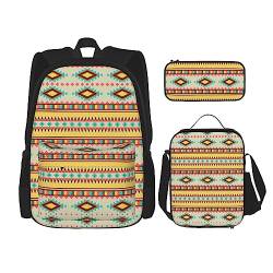 KoNsev Bedruckter Rucksack, 3-teiliges Set, für Reisen, Wandern, leicht, Laptop, Federmäppchen, isolierte Lunchtasche für Damen, Musiknoten-Druck, Indianer, Einheitsgröße von KoNsev