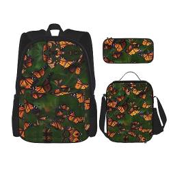 KoNsev Bedruckter Rucksack, 3-teiliges Set, für Reisen, Wandern, leicht, Laptop, Federmäppchen, isolierte Lunchtasche für Damen, Musiknotenmuster, Monarch-Schmetterling, Einheitsgröße von KoNsev