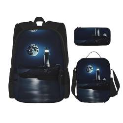 KoNsev Bedruckter Rucksack, 3-teiliges Set, für Reisen, Wandern, leicht, Laptop, Federmäppchen, isolierte Lunchtasche für Damen, Musiknotenmuster, Mondlicht Leuchtturm, Einheitsgröße von KoNsev