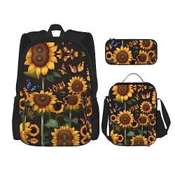 KoNsev Bedruckter Rucksack, 3-teiliges Set, für Reisen, Wandern, leicht, Laptop, Federmäppchen, isolierte Lunchtasche für Damen, Sonnenaufgang, tropische Palmeninsel, Sonnenblumen-Blumen- und von KoNsev