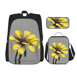 KoNsev Bedruckter Rucksack, 3-teiliges Set, für Reisen, Wandern, leicht, Laptop, Federmäppchen, isolierte Lunchtasche für Damen, gelb-graue Blume, Gelb Grau Blume, Einheitsgröße von KoNsev