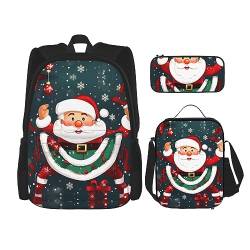 KoNsev Bedruckter Rucksack, 3-teiliges Set, für Reisen, Wandern, leicht, Laptop, Federmäppchen, isolierte Lunchtasche für Damen, mexikanische Otomi-Tiere, Frohe Weihnachten Weihnachtsmann, von KoNsev