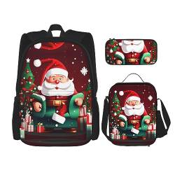 KoNsev Bedruckter Rucksack, 3-teiliges Set, für Reisen, Wandern, leicht, Laptop, Federmäppchen, isolierte Lunchtasche für Damen, mexikanische Otomi-Tiere, Frohe Weihnachten Weihnachtsmann Geschenk, von KoNsev