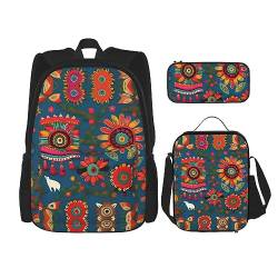 KoNsev Bedruckter Rucksack, 3-teiliges Set, für Reisen, Wandern, leicht, Laptop, Federmäppchen, isolierte Lunchtasche für Damen, mexikanische Otomi-Tiere, Mexikanische Volkskunst Boho, Einheitsgröße von KoNsev