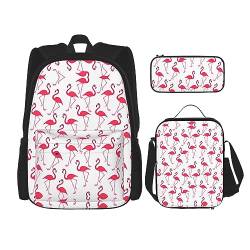 KoNsev Bedruckter Rucksack, 3-teiliges Set, für Reisen, Wandern, leicht, Laptop, Federmäppchen, isolierte Lunchtasche für Damen, rosa Flamingo-Muster, Rosa Flamingo-Muster, Einheitsgröße von KoNsev