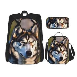 KoNsev Bedruckter Rucksack, 3-teiliges Set, für Reisen, Wandern, leicht, Laptop, Federmäppchen, isolierte Lunchtasche für Damen, schöne rosa Flamingos, Schöne Husky., Einheitsgröße von KoNsev