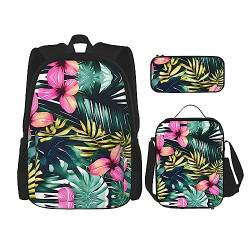 KoNsev Bedruckter Rucksack, 3-teiliges Set, für Reisen, Wandern, leicht, Laptop, Federmäppchen, isolierte Lunchtasche für Damen, tropische Sommer-Hawaii-Blumen, Palmenblätter, Tropische von KoNsev