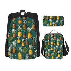 KoNsev Bedruckter Rucksack, 3-teiliges Set, für Reisen, Wandern, leicht, Laptop, Federmäppchen, isolierte Lunchtasche für Damen, tropische Sommer-Hawaii-Blumen, Palmenblätter, Tropisches Obstparadies, von KoNsev