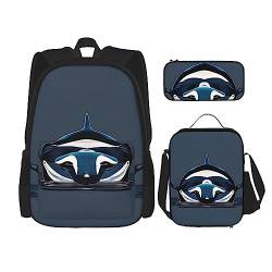 KoNsev Bedruckter Rucksack, 3-teiliges Set, für Reisen, Wandern, leichtes Laptop-Bleistiftetui, isolierte Lunchtasche für Damen, Eulen auf Ästen, Orca Killerwal, Einheitsgröße von KoNsev