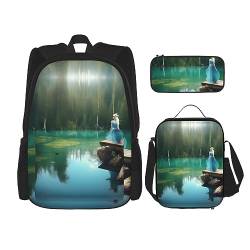 KoNsev Bedruckter Rucksack, 3-teiliges Set, für Reisen, Wandern, leichtes Laptop-Bleistiftetui, isolierte Lunchtasche für Damen, Laserlicht, Feensee, Einheitsgröße von KoNsev