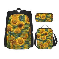 KoNsev Bedruckter Rucksack, 3-teiliges Set, für Reisen, Wandern, leichtes Laptop-Bleistiftetui, isolierte Lunchtasche für Damen, Sonnenblume und amerikanische Flagge, Sommer Sonnenblume, Einheitsgröße von KoNsev