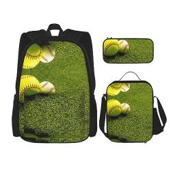 KoNsev Bedrucktes Büchertaschen-Set für Grundschule, 3-teiliges Schulranzen mit Lunch-Tasche, Federmäppchen, Grand Teton National Park, Grass Baseball Softball, Einheitsgröße von KoNsev