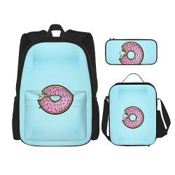 KoNsev Bedrucktes Büchertaschen-Set für Mittelschule, Grundschule, 3-teiliges Schulranzen mit Lunch-Tasche, Federmäppchen, Delfin-Kunst, Donut, Einheitsgröße von KoNsev