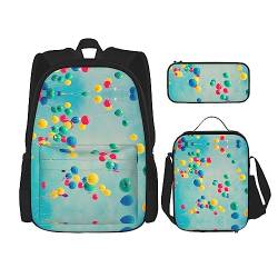 KoNsev Bedrucktes Büchertaschen-Set für Mittelschule, Grundschule, 3-teiliges Schulranzen mit Lunch-Tasche, Federmäppchen, buntes Boho-Blumenmuster, Bunte Luftballons mit blauem Himmel, Einheitsgröße von KoNsev