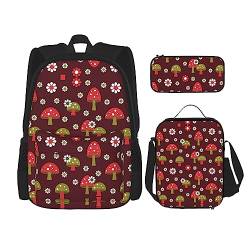 KoNsev Bedrucktes Büchertaschen-Set für Mittelschule, Grundschule, 3-teiliges Schulranzen mit Lunch-Tasche, Federmäppchen, hellrosa Tennisbälle, Bright Mushrooms Art, Einheitsgröße von KoNsev