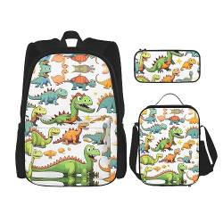 KoNsev Cartoon Dinosaurier Bilder Rucksack Schultasche Daypack mit Lunchbox und Federmäppchen 3 in 1 Schultaschen Set, Cartoon-Dinosaurier-Bilder., Einheitsgröße von KoNsev