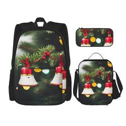 KoNsev Daisy Flowers Rucksack Schulranzen Daypack mit Brotdose und Federmäppchen 3 in 1 Schultaschen Set, Weihnachtsbaum und Glocke, Einheitsgröße von KoNsev
