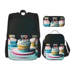 KoNsev Frohe Weihnachten Rucksack Schulranzen Daypack mit Brotdose und Federmäppchen 3 in 1 Schultaschen Set, Alles Gute zum Geburtstag Kuchen, Einheitsgröße von KoNsev