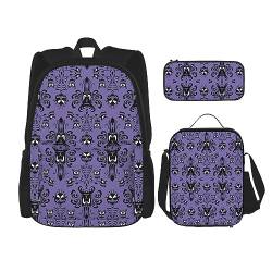 KoNsev Gesunde Lebensmittel Rucksack Schultasche Daypack mit Lunchbox und Federmäppchen 3 in 1 Schultaschen Set, Horror-Muster auf violettem Hintergrund, Einheitsgröße von KoNsev